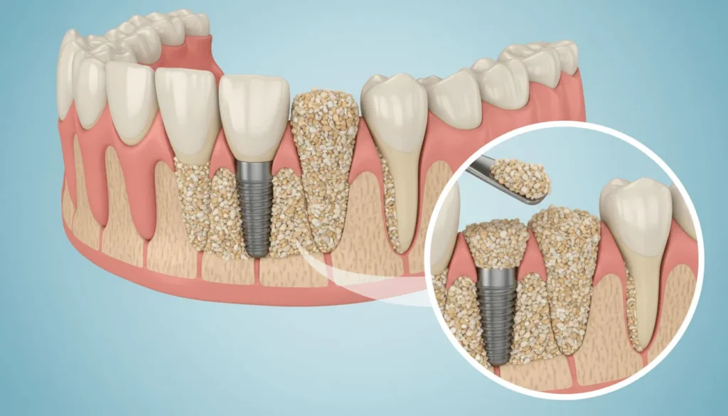 Ilustrație cu adiție de os în jurul unui implant dentar